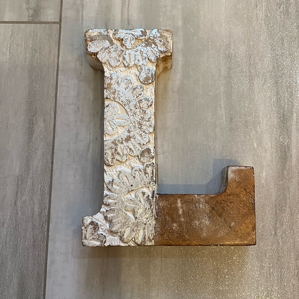 Shabby Chic Distressed Carved Wooden Block Letter L with Metallic Flowers